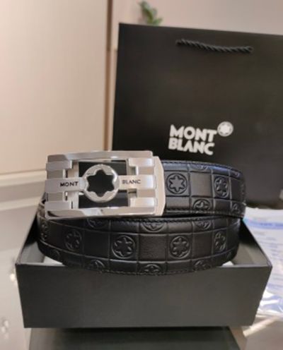 1:1  Montblanc  Black Leather Belt with Silver Logo Buckle Unique Design Buckle  3.4cm